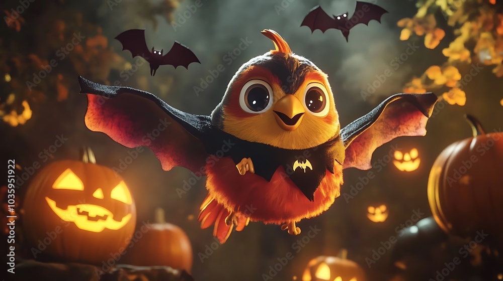 Naklejka premium 3D-rendered cute bird in a vampire cape flying among Halloween pumpkins and bats