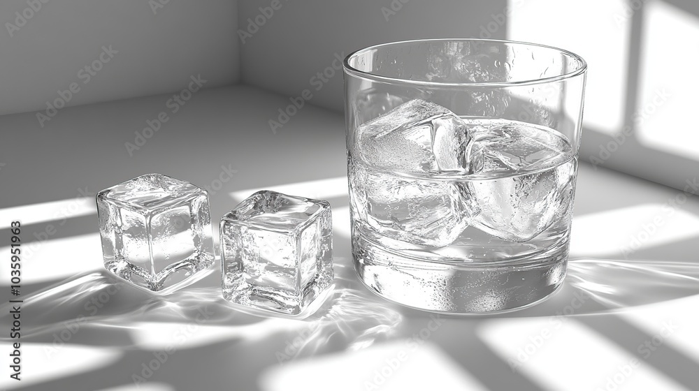 Glass of ice cubes casting shadows in light. Glass of ice cubes casting shadows in light.