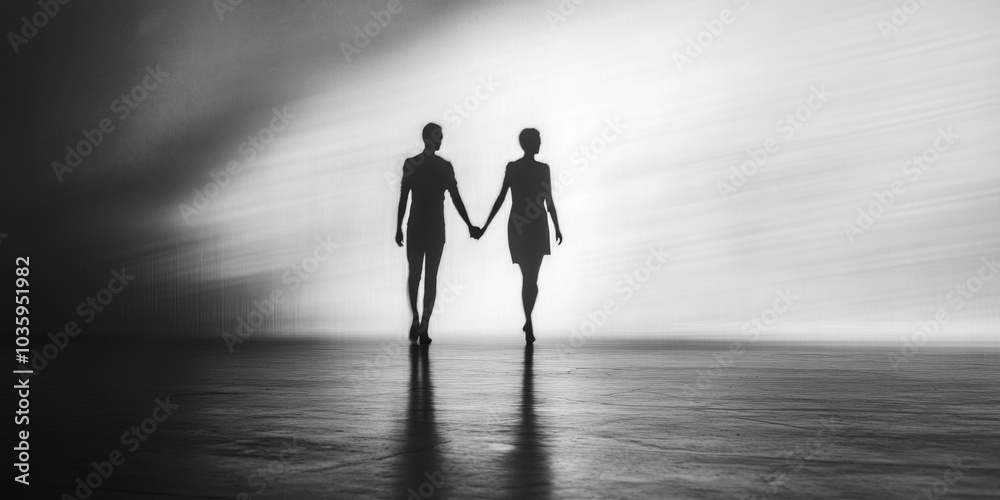 Two silhouettes hold hands against a soft background. The image captures a moment of connection and intimacy. The style is monochrome, creating a timeless feel. Two silhouettes hold hands against a soft background. The image captures a moment of connection and intimacy. The style is monochrome, creating a timeless feel.