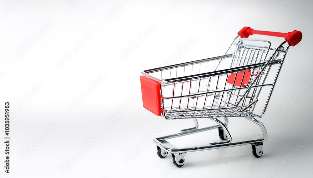 Empty shopping cart with red handle on side position provides copy space for text. background concept isolated white Empty shopping cart with red handle on side position provides copy space for text. background concept isolated white