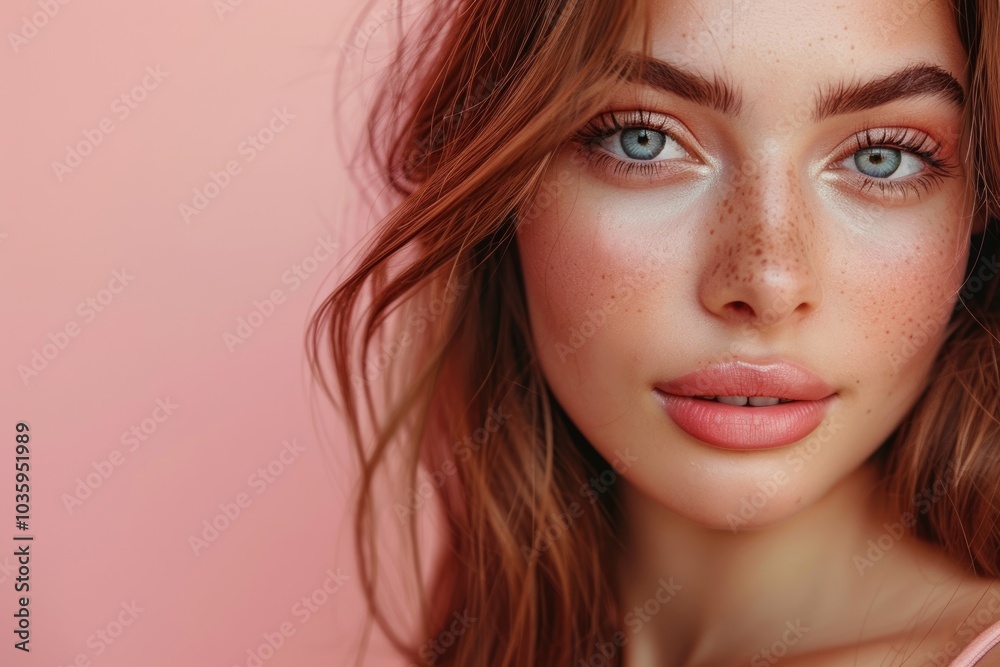 Beauty cute fashion model with natural make up on pink background Beauty cute fashion model with natural make up on pink background