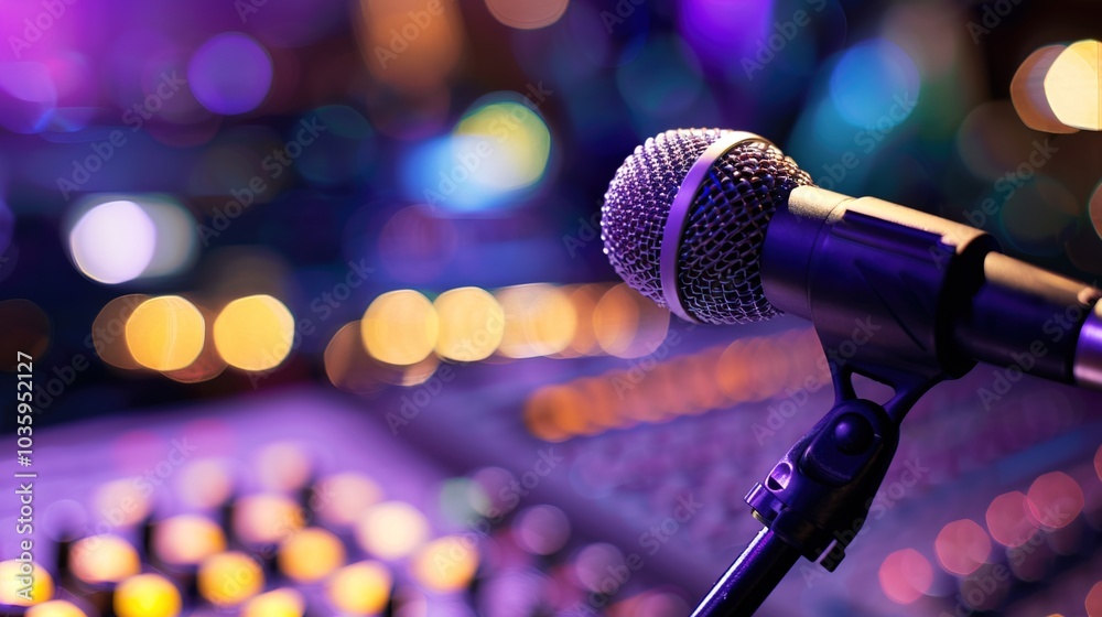 Obraz premium Close-up of microphone on stand in soundproof recording studio, positioned in front of script stand, symbolizing voice acting and audio production.