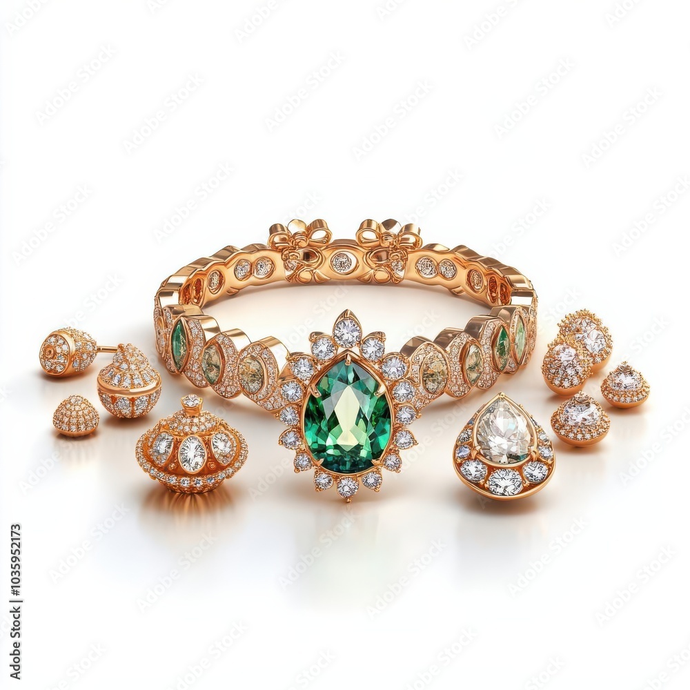 Luxurious jewelry collection, fashion element, hyper-realistic rendering, gold and gems, isolated on white background Luxurious jewelry collection, fashion element, hyper-realistic rendering, gold and gems, isolated on white background