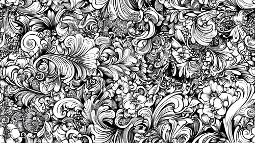 Seamless calming pattern featuring tracery Mehndi inspired design with ethnic monochrome doodle texture Curved black and white doodling background