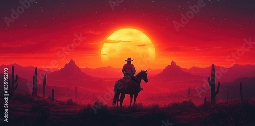 Wallpaper Mural Cowboy on horseback in the desert at sunset, side view against a silhouette landscape with cacti and mountains, vector illustration in warm colors
 Torontodigital.ca