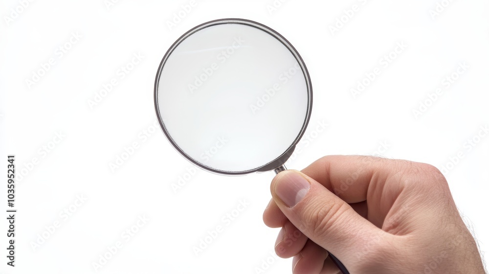 A hand holding a magnifying glass against a white background. A hand holding a magnifying glass against a white background.