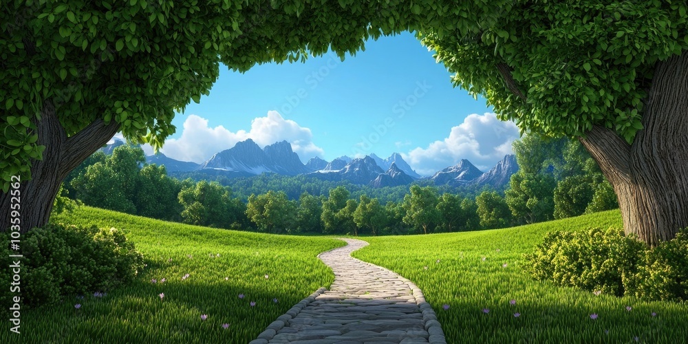 Obraz premium Winding farm path shaded by trees leads through fields towards distant rolling mountains, Scenic rural pathway through tree-lined fields leading to mountains