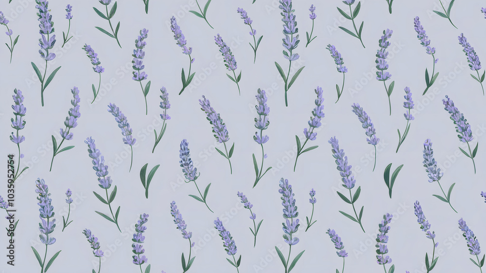 Fototapeta premium Serene Repeating Pattern of Hand-Drawn Lavender Flowers on Soft Blue Background