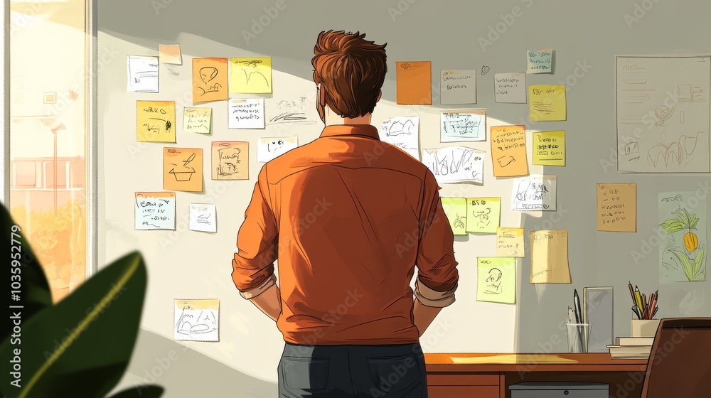 A man is sitting at office and looking at whiteboard covered by sticky notes and sketches of ideas. A man is sitting at office and looking at whiteboard covered by sticky notes and sketches of ideas.