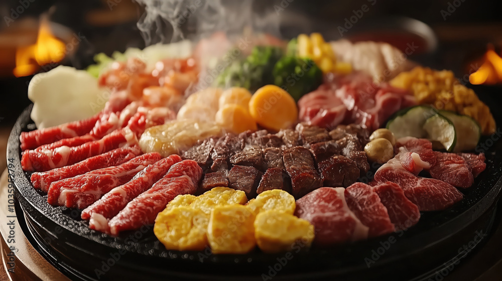 Sizzling yakiniku BBQ grill filled with various cuts of meat and vegetables - 食べ放題 Sizzling yakiniku BBQ grill filled with various cuts of meat and vegetables - 食べ放題