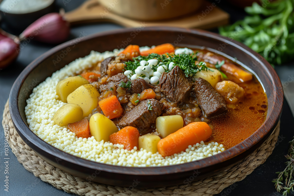 Traditional Libyan Couscous with Beef and Vegetables Traditional Libyan Couscous with Beef and Vegetables