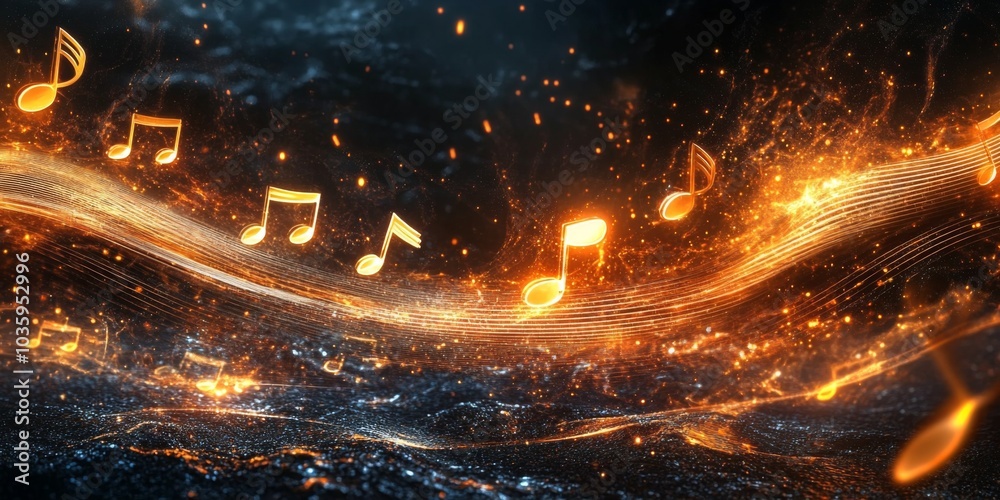 Fototapeta premium Striking contrast of bright white waves with musical elements against a black background.