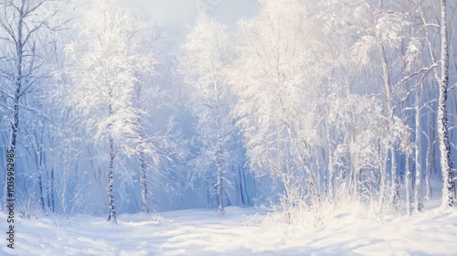 Oil painting of trees blanketed in snow during winter