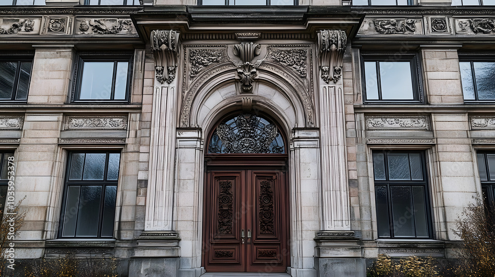 The building has a lot of windows and a large door. The door is brown and has a fancy design. The building is very old and has a lot of detail on it The building has a lot of windows and a large door. The door is brown and has a fancy design. The building is very old and has a lot of detail on it
