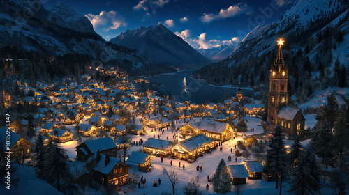 Panorama  Christmas Market Town at Night Festive Stores in Winter Village