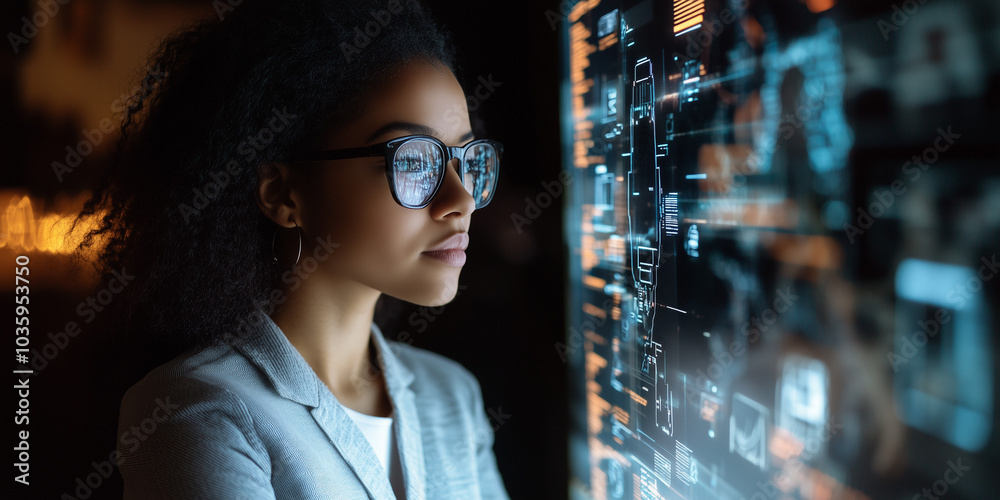 A female scientist in front of a huge screen A female scientist in front of a huge screen