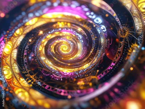 Fantasy 3D illustration of a vibrant clockwork pattern Digital fractal art showcasing abstract sacred symbols and geometric designs related to astrology and alchemy in a spiraling form photo