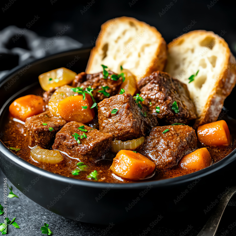 A front view of a traditional German beef stew, with chunks of beef, carrots, and onions, served with a side of bread. A front view of a traditional German beef stew, with chunks of beef, carrots, and onions, served with a side of bread.