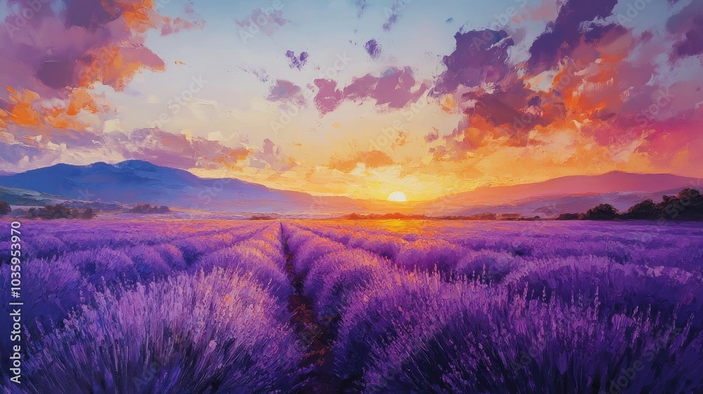 Fototapeta premium Oil painting depicting a summer sunset over a vibrant lavender field showcasing rich colors and serene landscapes