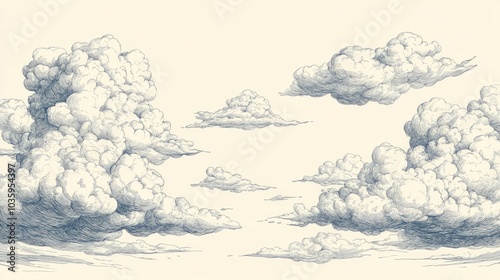 Charming hand drawn dashed clouds in the sky A linear backdrop featuring pen and ink illustrations resembling renaissance etchings showcasing line art with light and shadow details