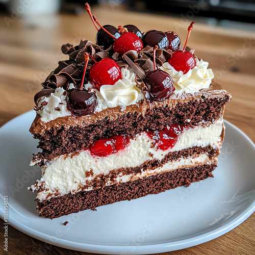 A top view of Schwarzwalder Kirschtorte (Black Forest cake), layers of chocolate sponge cake, whipped cream, and cherries. photo