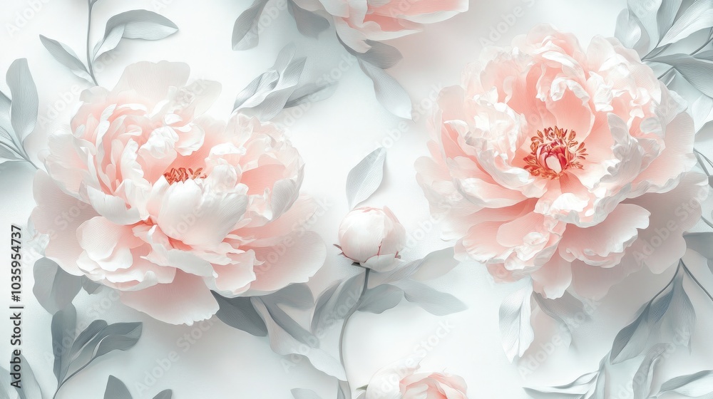 Illustration of delicate pink peony flowers on a white background Perfect for postards murals wallpapers or wedding invitation designs Illustration of delicate pink peony flowers on a white background Perfect for postards murals wallpapers or wedding invitation designs