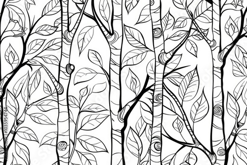 Coloring book illustration of vibrant leaves branches and trunks of trees in a woodland setting Natural impressionism style