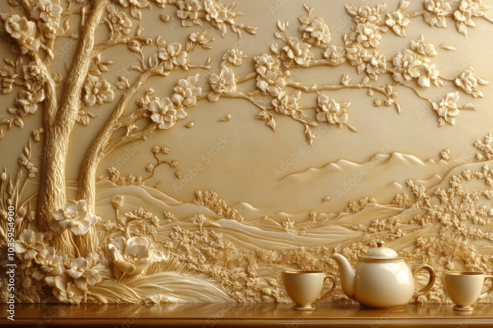 A beautifully set table featuring a teapot and cups. A beautifully set table featuring a teapot and cups.