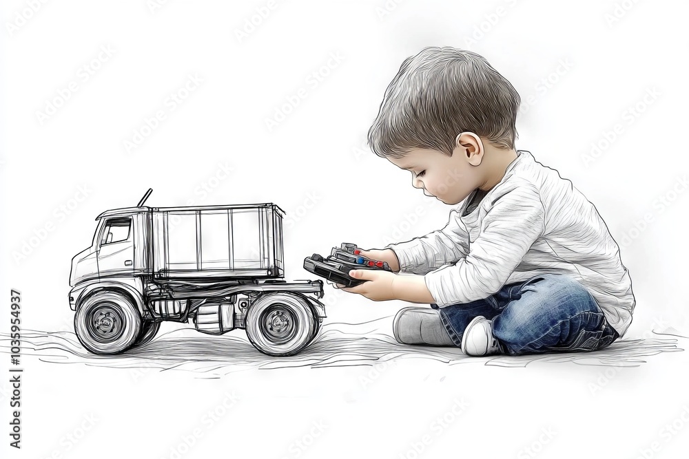 Naklejka premium A boy enjoys playing with a remote-controlled cargo truck toy.