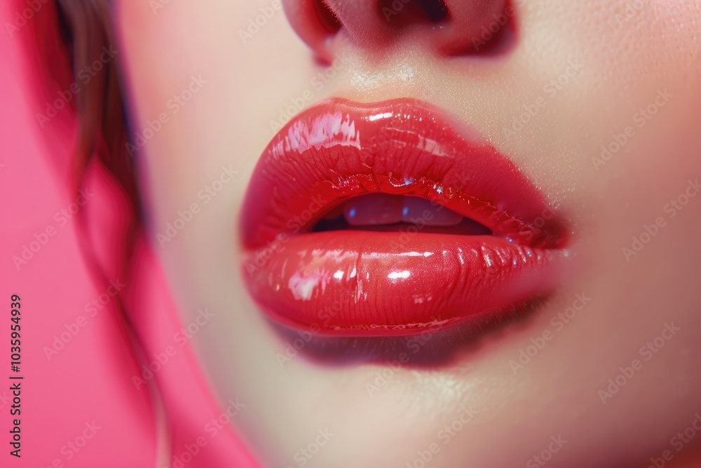 Obraz premium Close up beauty shot of female full lips with healthy skin and rose color lips