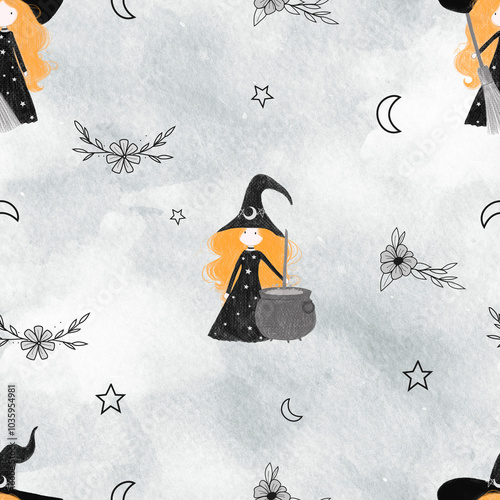 Seamless Pattern with Cute Witches in Flowers on gray Background