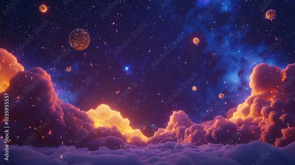 3D cartoon depiction of a night sky featuring a universe filled with stars nebulae and galaxies 3D cartoon depiction of a night sky featuring a universe filled with stars nebulae and galaxies