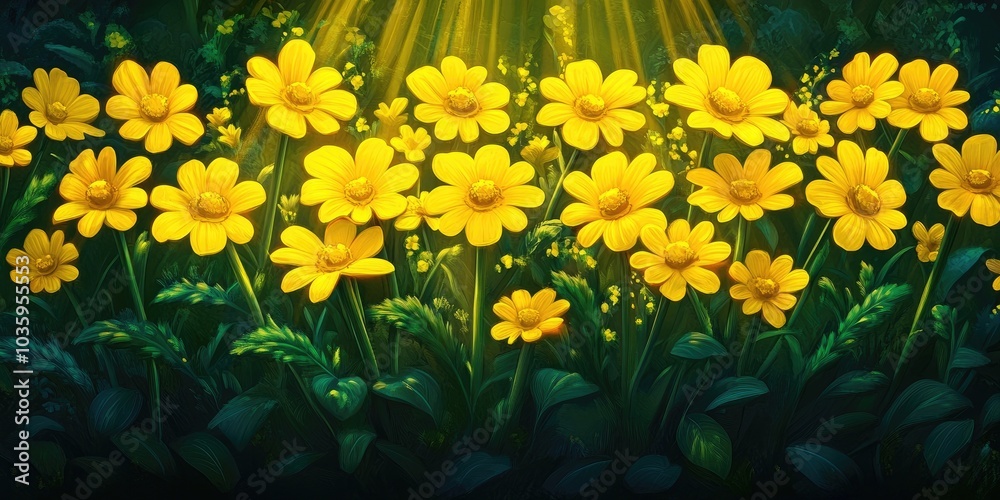 Fototapeta premium Vibrant yellow trumpet flowers blooming in a lush garden setting, Bright yellow trumpet flowers blooming in a beautiful garden.