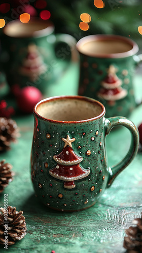 Cute Christmas ceramic mugs, holiday gift ideas, unique handmade christmas gifts, holiday-themed coffee mug with Christmas pattern or design isolated on green background