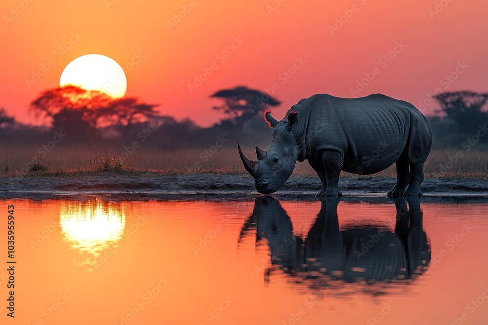 Fototapeta premium A rhinoceros standing by the edge of water at dusk.