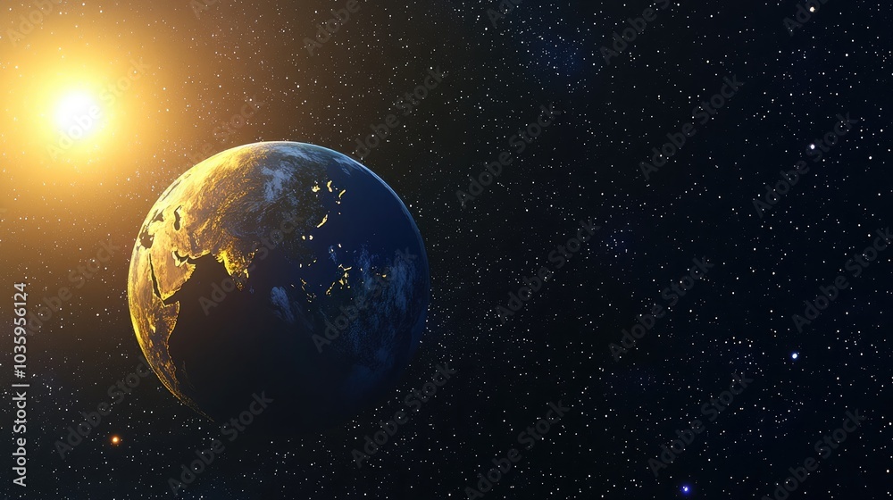Obraz premium Dawn sunset of Planet Earth in 3D cartoon rendering showcasing a silhouette of the planet illuminated by sun rays against a backdrop of stars and galaxies in space