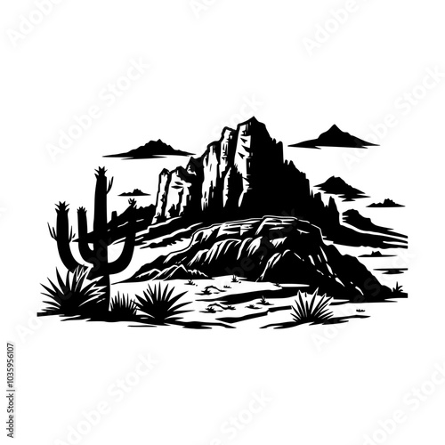 Black-and-white vector illustration of a desert scene featuring a cactus, rocky formations, and shrubs, perfect for nature, southwestern, or wilderness-themed designs.