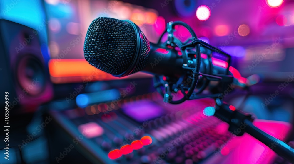 Close-up of microphone on stand in soundproof recording studio, positioned in front of script stand, symbolizing voice acting and audio production. Close-up of microphone on stand in soundproof recording studio, positioned in front of script stand, symbolizing voice acting and audio production.