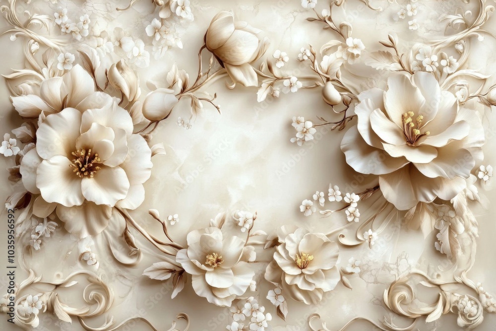 The artwork features intricate designs of flowers in a stucco medium. The artwork features intricate designs of flowers in a stucco medium.