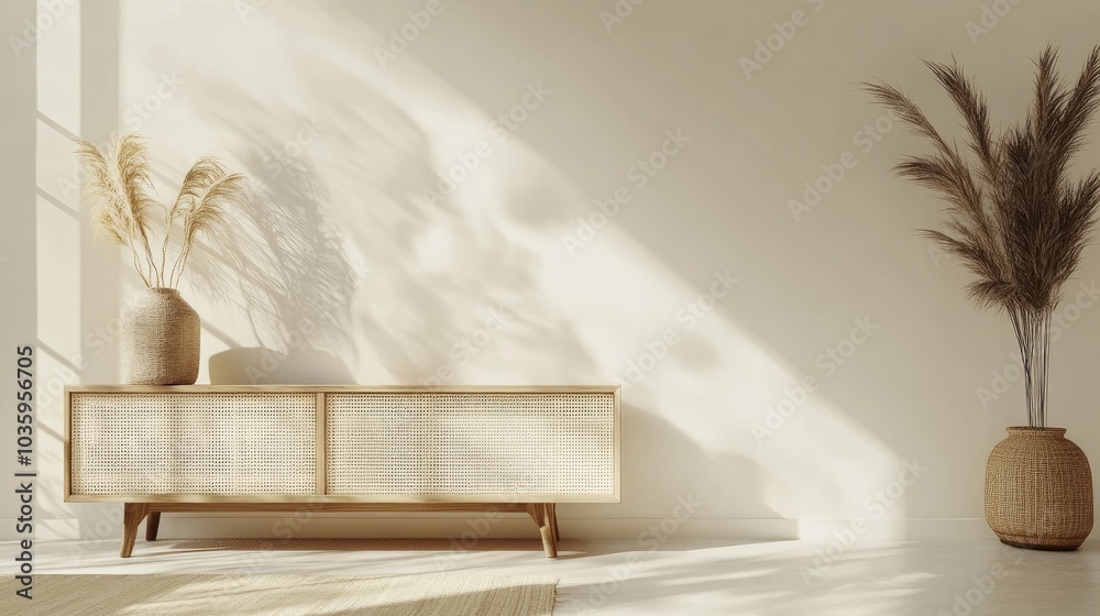 3D rendering of a minimal living room interior featuring a white wall background and a TV cabinet 3D rendering of a minimal living room interior featuring a white wall background and a TV cabinet