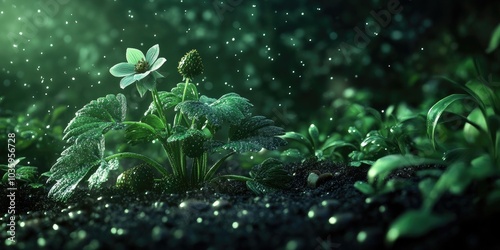 Alpine strawberry plant with flowers in a herb garden post-rain, showcasing its lush greenery before bearing fruit