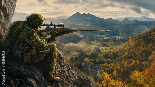 A sniper in camouflage on top of a mountain.