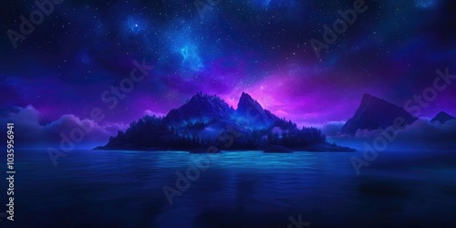 Scenic view of a starry night sky over an island with vibrant celestial highlights, Starry night sky over an island with celestial highlights