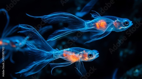 Beautiful, transparent small fishes in the dark water.