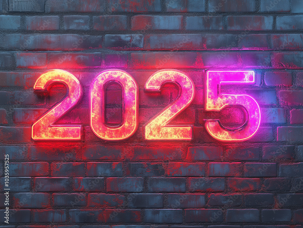 glowing neon sign 2025 on the brick wall background