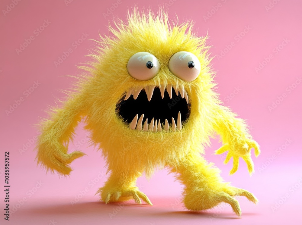 Obraz premium Animated yellow monster character dancing on a vibrant pink background.