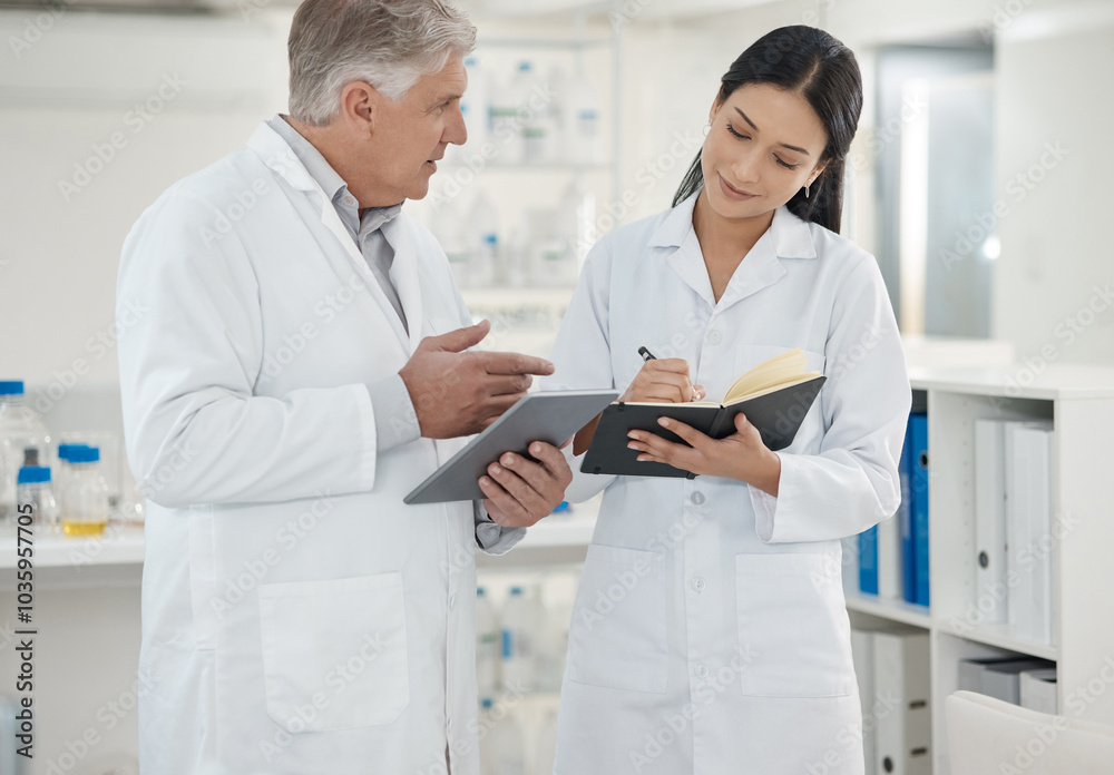 Obraz premium Scientist, woman and writing in notebook in lab of disease experiment, medical study and dna process. Researcher, people and molecule research for engineering, vaccine results and healthcare solution