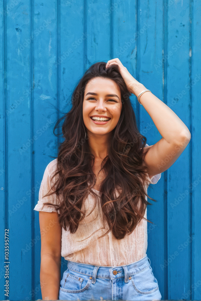 Fototapeta premium A vibrant portrait of a cheerful young woman posing playfully with her hands on her head in front of a bright blue wall. Her joyful expression radiates positivity and energy. Generative AI