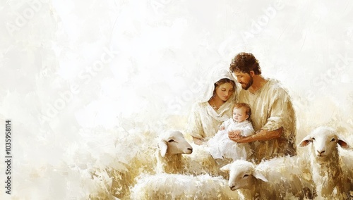 Jesus, Joseph, Mary and sheeps in the barn.