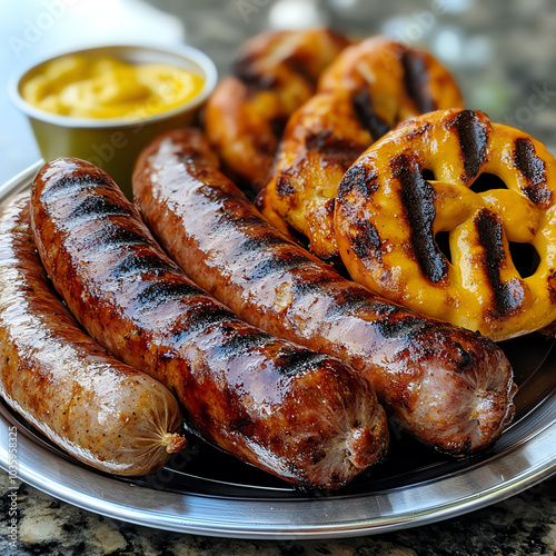 A front view of a grilled sausage plate, with Bratwurst, Thuringer, and Weisswurst served with mustard and pretzels.
